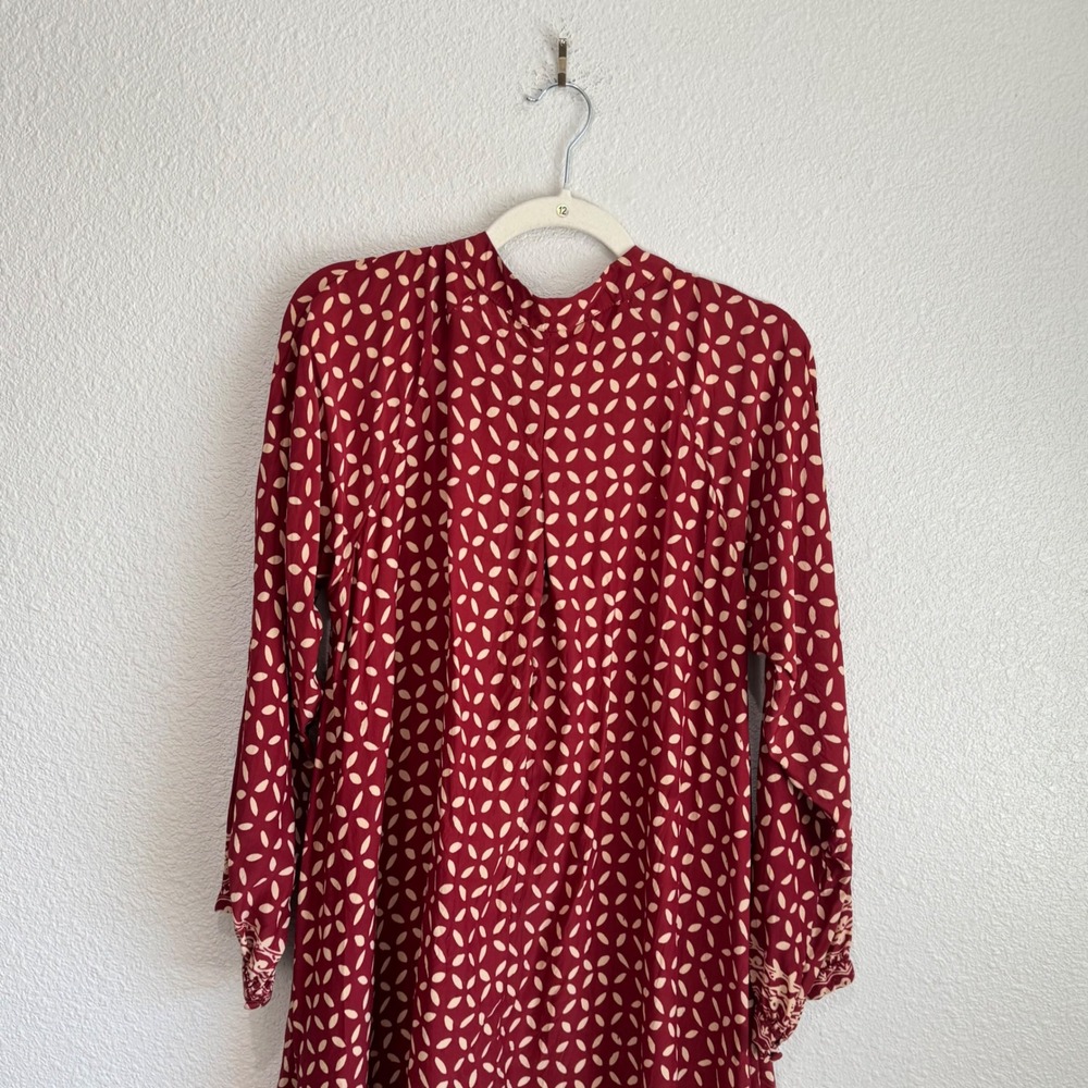 Natalie Martin Silk Burgundy Batik Print Long Sleeve Tunic Boho Dress S Resort - Picture 9 of 9